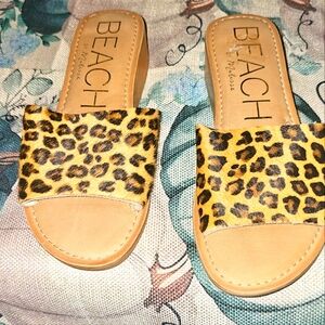 Brown and Tan Leopard Print Sandals with Flat Sole
